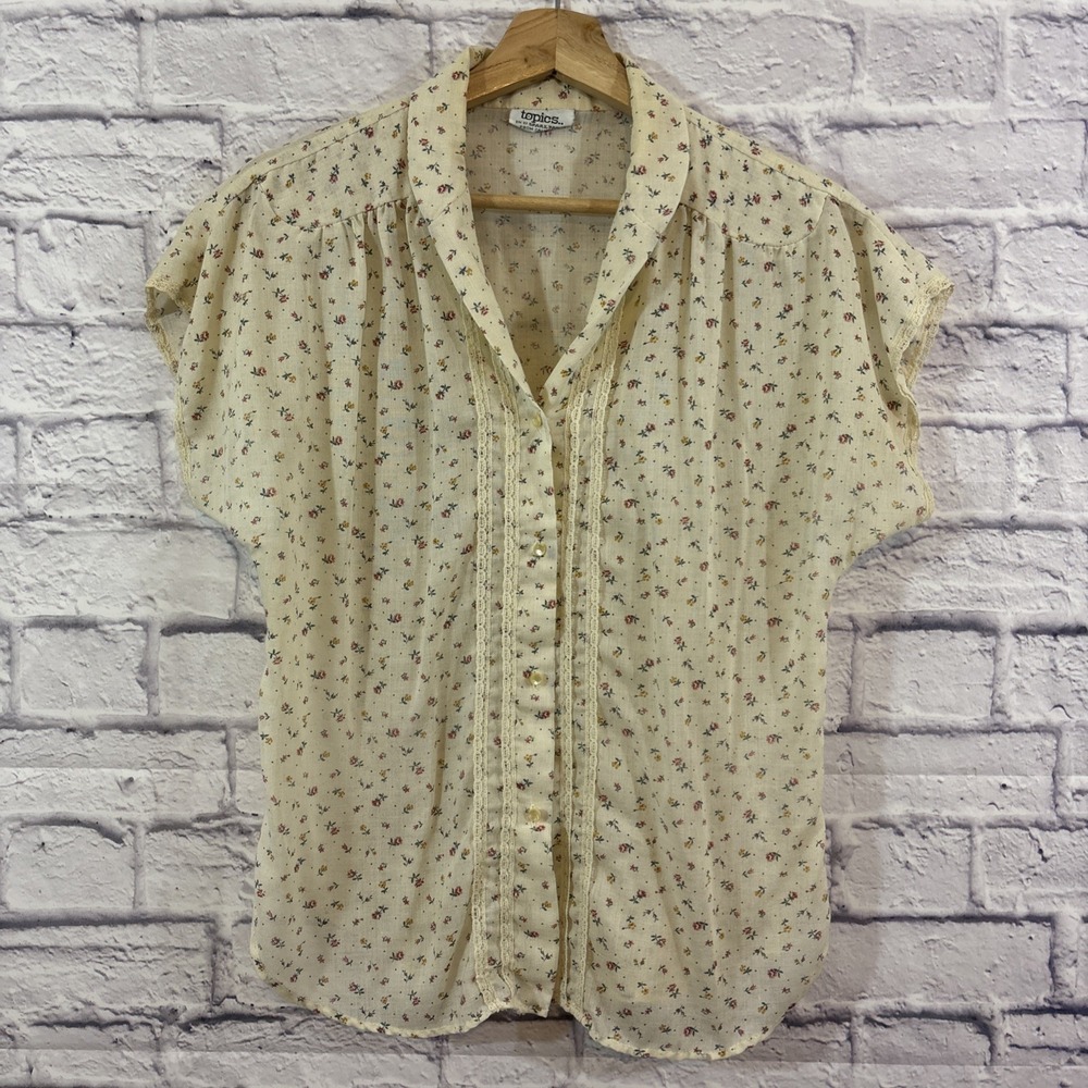 Vintage Women's Top Floral Dainty Lace Trim Topics Spareparts See Thru Cottage